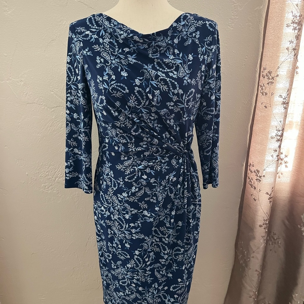 Lauren Ralph Lauren Size 4 Blue Paisley Ruched Sheath Dress with Cowl Neck
